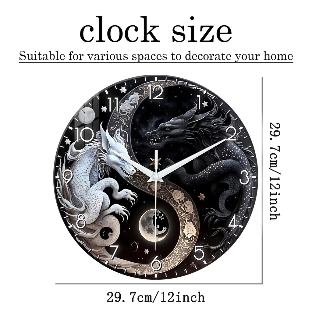 1pc glass wall clock, Oriental mythology black and white dragon design wall clock, home mute clock, decorate the living room