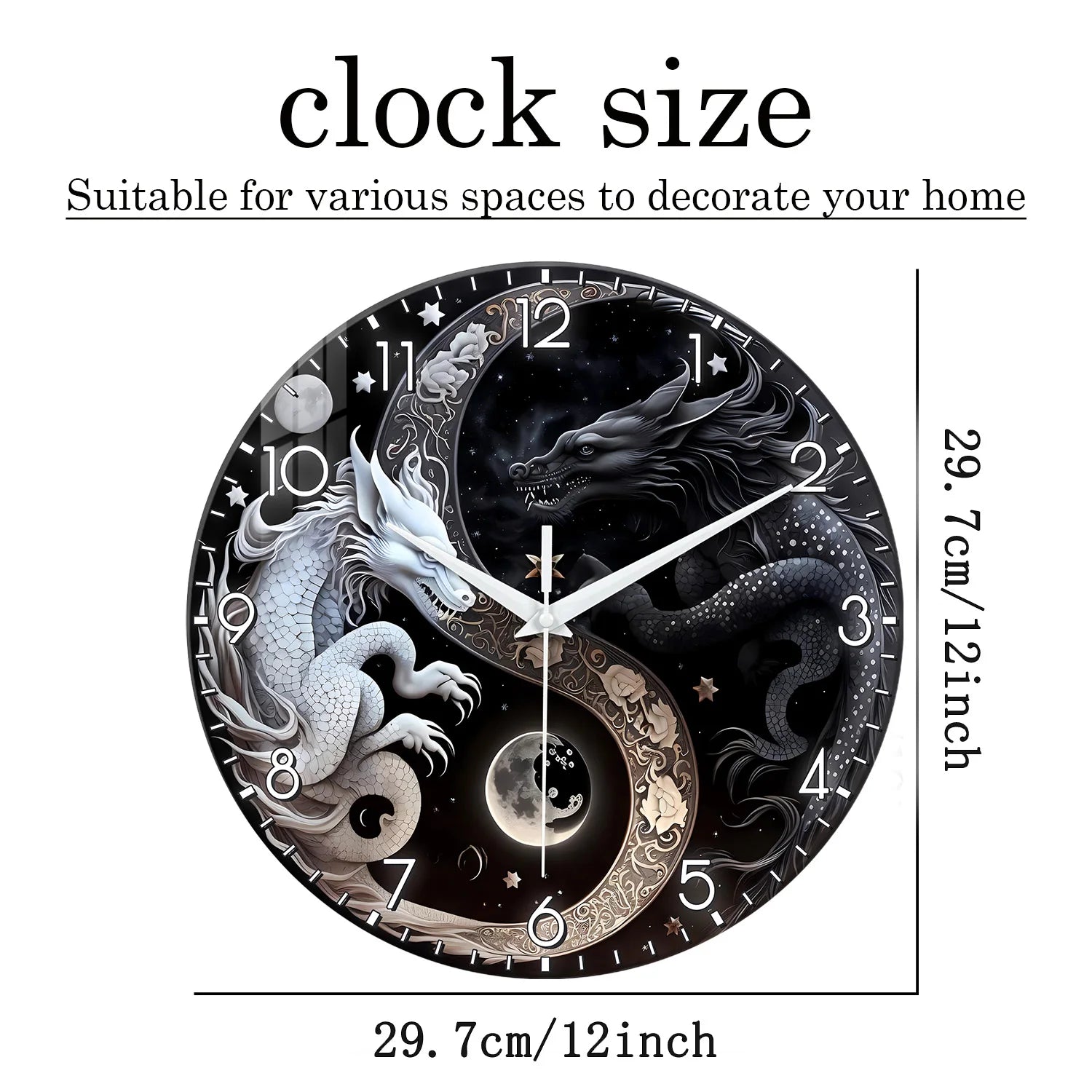 1pc glass wall clock, Oriental mythology black and white dragon design wall clock, home mute clock, decorate the living room